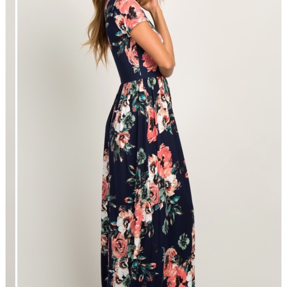 Navy Blue Floral Short Sleeve Maxi Dress - Picture 4 of 6